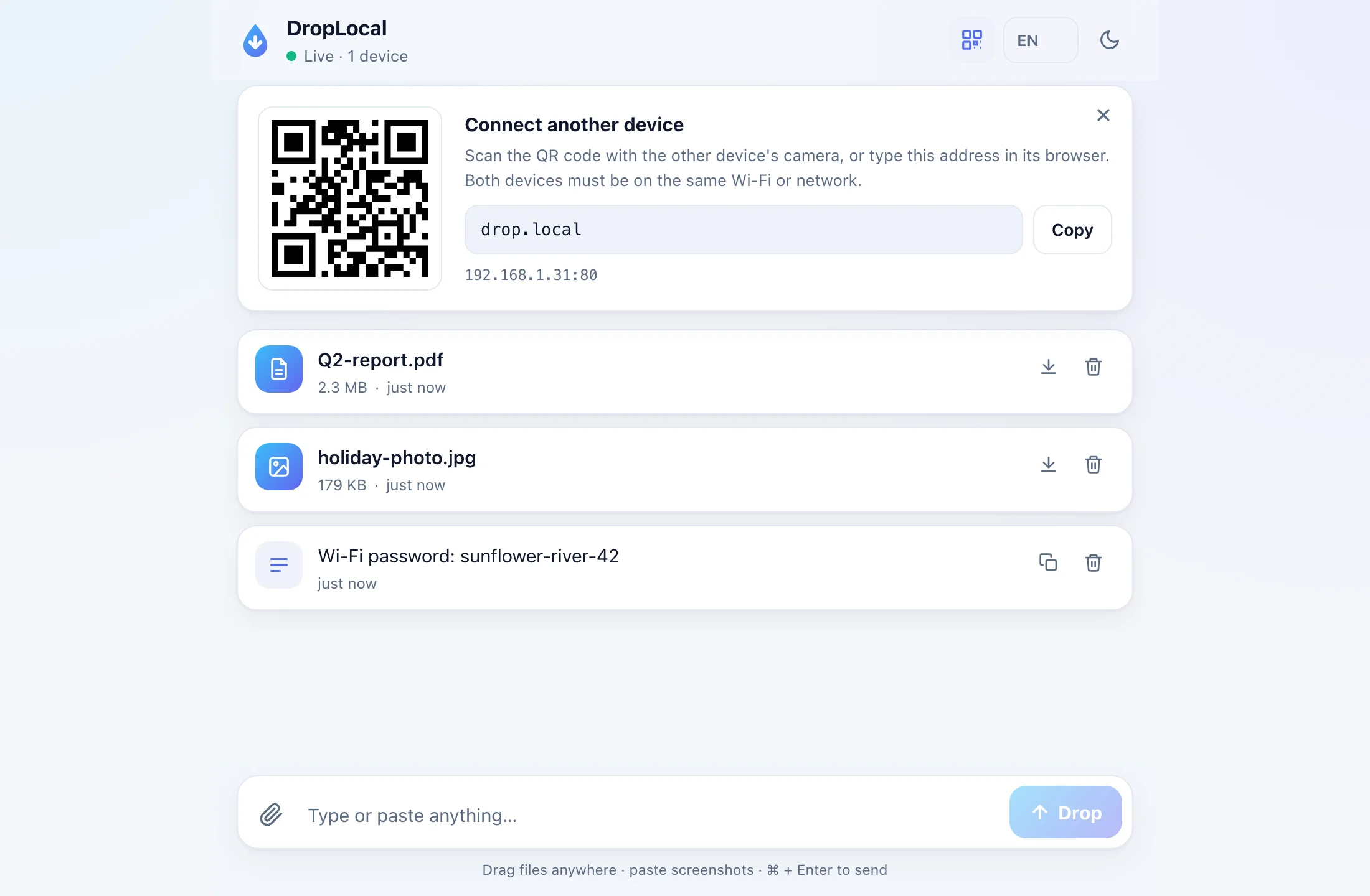 DropLocal interface showing a shared drop stream and a QR code for connecting another device